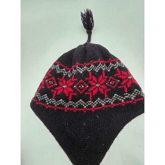 L.L. Bean Mens Black & Red Snowflake Wool Tassel Knit Winter Hat - Picture 1 of 6